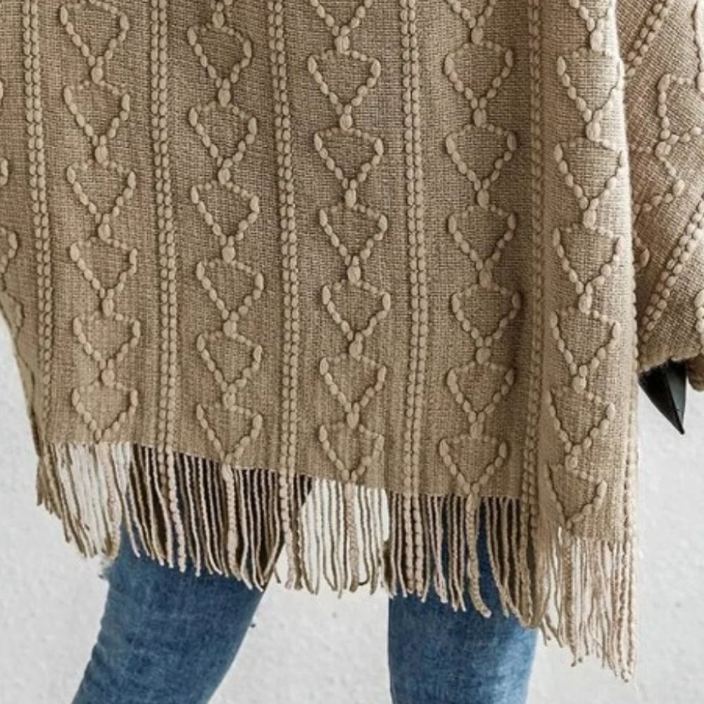 Faux fur Trim Textured Knit  Open front Sweater Cardigan Khaki - Picture 9 of 9